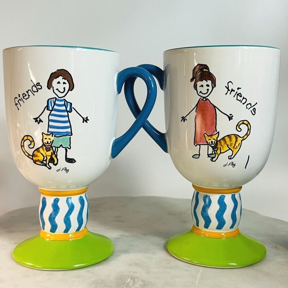 Pfaltzgraff Friends Two Pedestal‎ Coffee Mugs Cats Blue Handles 16 oz Gift